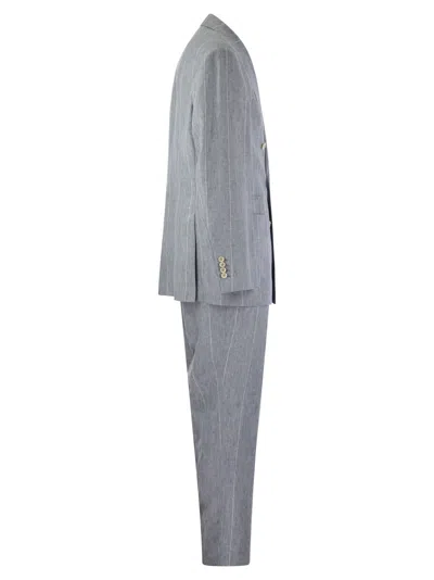 Shop Brunello Cucinelli Broad Pinstripe Linen Suit In 天空