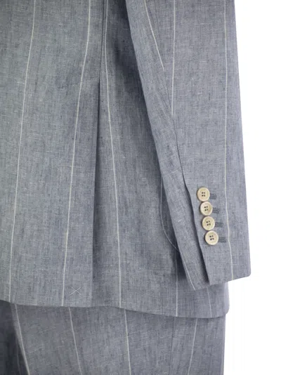Shop Brunello Cucinelli Broad Pinstripe Linen Suit In 天空