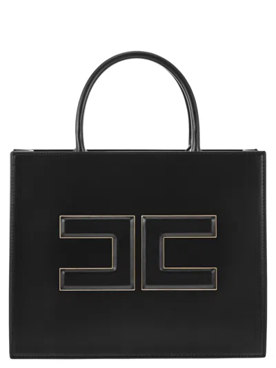 Shop Elisabetta Franchi Medium Shopper With Logo Plaque In 黑色的
