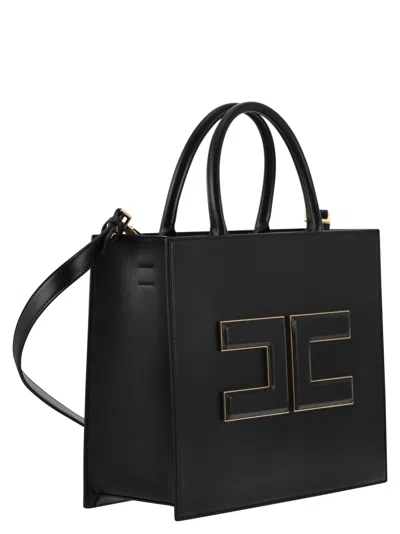 Shop Elisabetta Franchi Medium Shopper With Logo Plaque In 黑色的