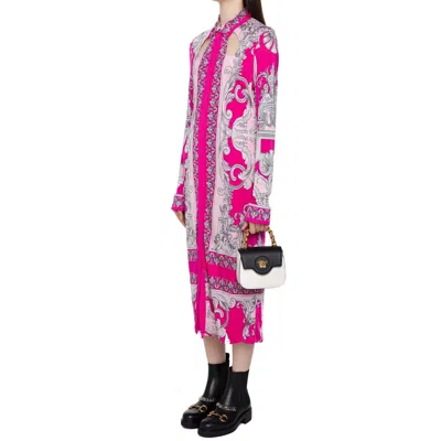 Shop Versace Baroque Printed Midi Dress In 粉色的