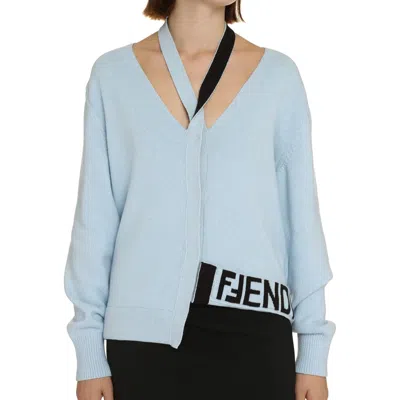 Fendi Melange Pastel Light-blue Stretch Wool Blend Cardigan In 蓝色的