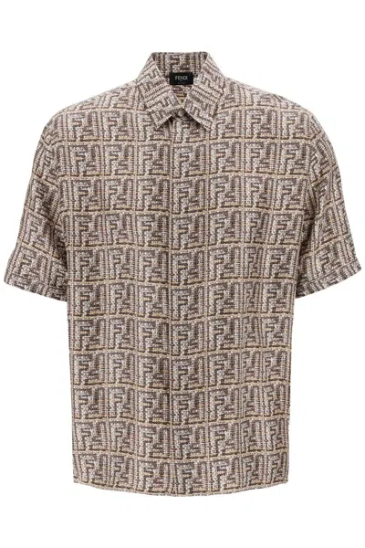 Shop Fendi Short-sleeved Silk Shirt With Ff In Beige,brown