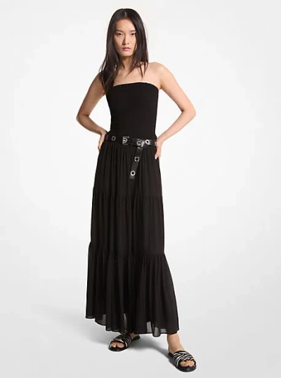 Shop Michael Kors Tiered Smocked Georgette Maxi Dress In Black