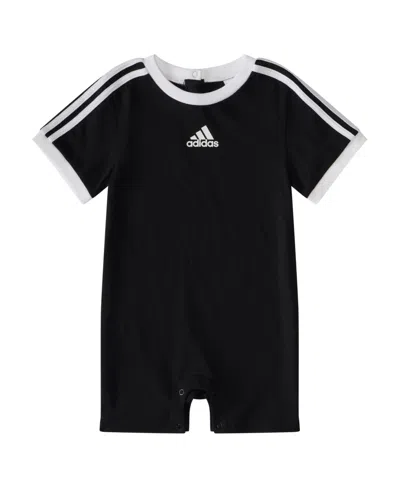 Shop Adidas Originals Baby Boys Short Sleeve 3 Stripe Logo Romper In Black
