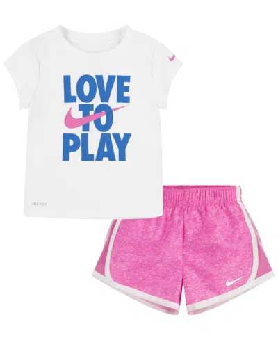 Shop Nike Toddler Girls Dri-fit All Day Short Sleeve Tee And Shorts Set In Playful Pink Heather