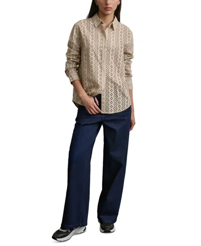 Shop Dkny Jeans Women's Eyelet Long-sleeve Button-front Blouse In Pbl - Pebble