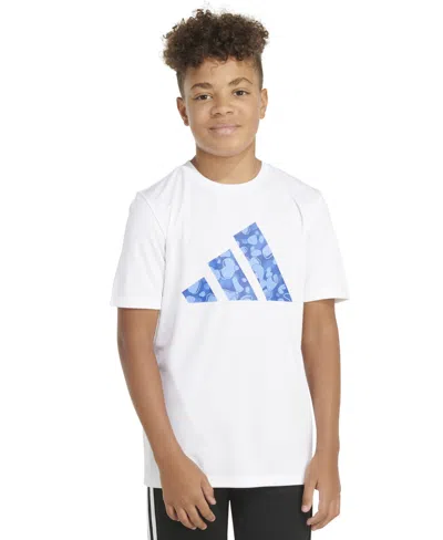 Shop Adidas Originals Big Boys Short Sleeve Pebble Camo Logo Polyester T-shirt In White W Blue