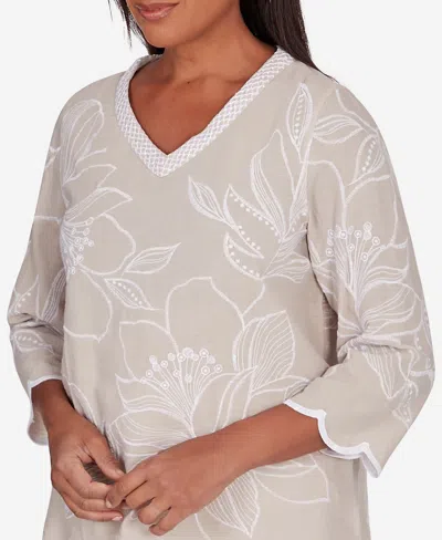 Shop Alfred Dunner Petite Garden Party V-neck Embroidered Floral Top In Stone