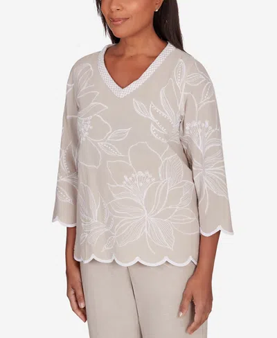 Shop Alfred Dunner Petite Garden Party V-neck Embroidered Floral Top In Stone