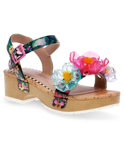 Shop Betsey Johnson Little And Big Girls Oakly Clog Sandals With Flower Details In Black Multi
