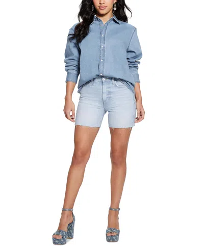 Shop Guess Women's '80s Pedal Raw-hem Denim Shorts In The Seaside