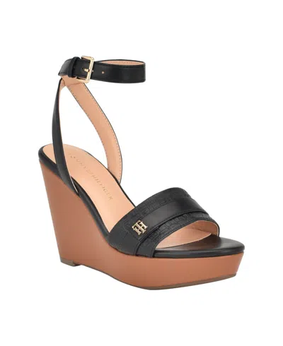 Shop Tommy Hilfiger Women's Maroe High Ankle Wrap Wedge Sandals In Black