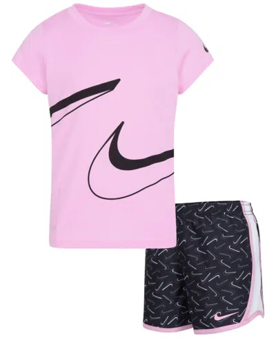 Shop Nike Little Girls Dri-fit Swoosh Logo Short Sleeve Tee And Printed Shorts Set In Black