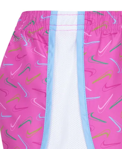 Shop Nike Little Girls Dri-fit Swoosh Logo Short Sleeve Tee And Printed Shorts Set In Black