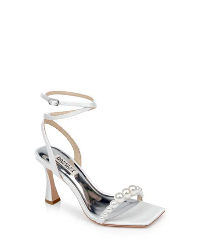 Shop Badgley Mischka Women's Cailey Pearl Embellished Evening Sandals In White Satin