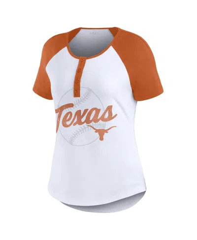 Shop Wear By Erin Andrews Women's  White Distressed Texas Longhorns Baseball Logo Raglan Henley T-shirt