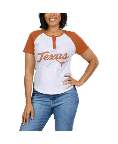 Shop Wear By Erin Andrews Women's  White Distressed Texas Longhorns Baseball Logo Raglan Henley T-shirt