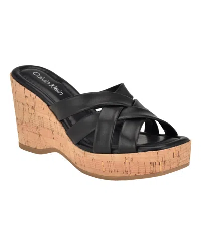 Shop Calvin Klein Women's Hayes Slip-on Cork Wedge Sandals In Black Leather
