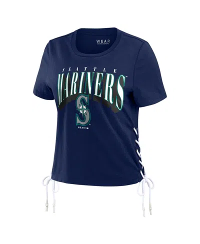 Shop Wear By Erin Andrews Women's  Navy Seattle Mariners Side Lace-up Cropped T-shirt