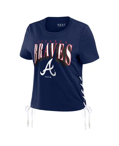 Wear By Erin Andrews Women's  Navy Atlanta Braves Side Lace-up Cropped T-shirt In Navy