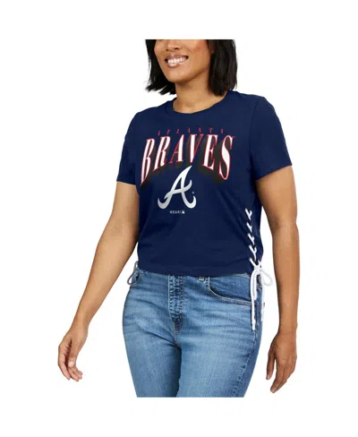 Wear By Erin Andrews Women's  Navy Atlanta Braves Side Lace-up Cropped T-shirt In Navy