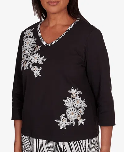 Shop Alfred Dunner Petite Opposites Attract Animal Trim Flower Top In Black
