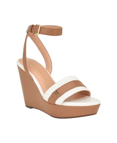 Shop Tommy Hilfiger Women's Maroe High Ankle Wrap Wedge Sandals In White,medium Natural