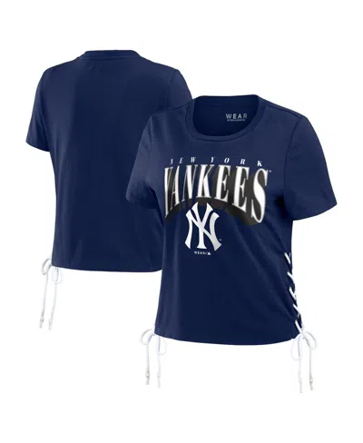 Wear By Erin Andrews Women's  Navy New York Yankees Side Lace-up Cropped T-shirt In Navy