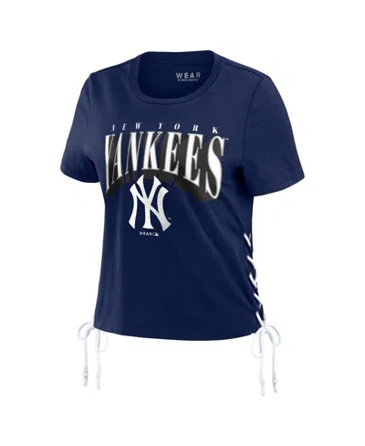 Wear By Erin Andrews Women's  Navy New York Yankees Side Lace-up Cropped T-shirt In Navy