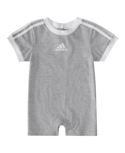 Shop Adidas Originals Baby Boys Short Sleeve 3 Stripe Logo Heather Romper In Medium Gray Heather