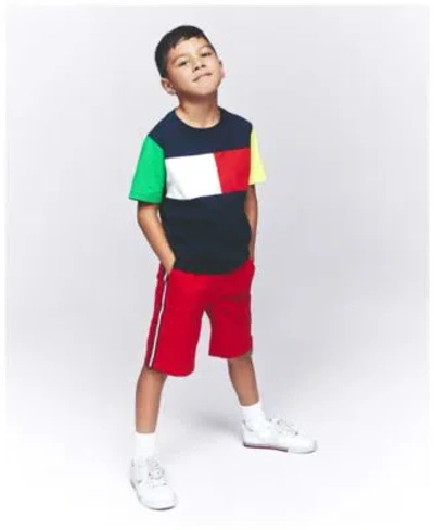 Shop Tommy Hilfiger Boys Flag Block Short Sleeve T Shirt Signature Stripe Pull On Shorts In Tommy Red
