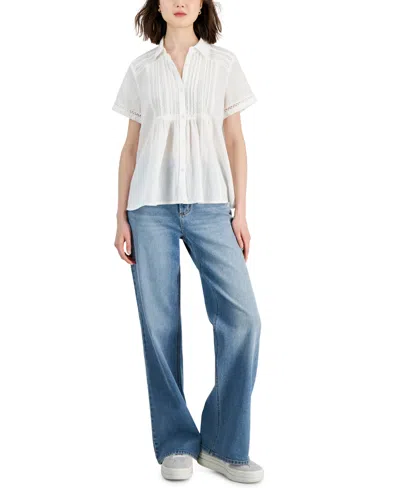 Shop Lucky Brand Women's Lace-trimmed Button-down Shirt In Cloud Dancer