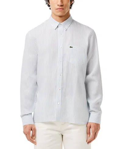 Shop Lacoste Men's Long Sleeve Striped Button-down Linen Shirt In Eb Panorama,blanc