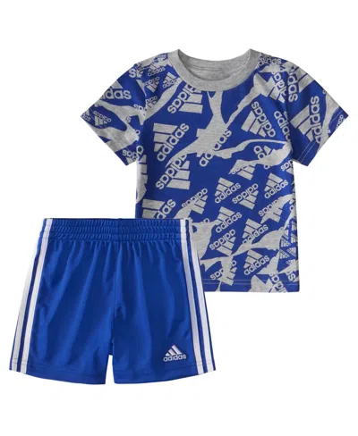 Shop Adidas Originals Baby Boys Short Sleeve Printed T Shirt And Shorts, 2 Piece Set In Medium Gray Heather