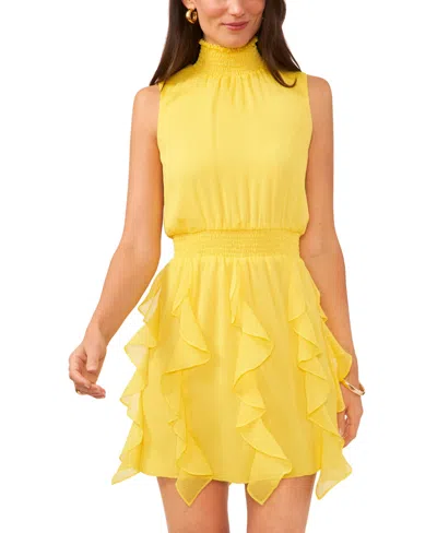Shop 1.state Women's Smocked Sleeveless Mock Neck Ruffled Mini Dress In Cyber Yellow