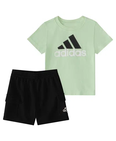 Shop Adidas Originals Baby Boys Short Sleeve T Shirt And French Terry Cargo Shorts, 2 Piece Set In Semi Green Spark