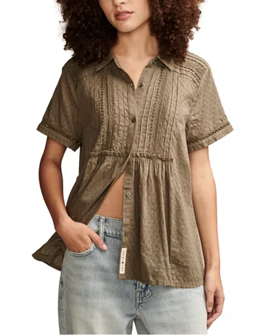 Shop Lucky Brand Women's Lace-trimmed Button-down Shirt In Dusty Olive