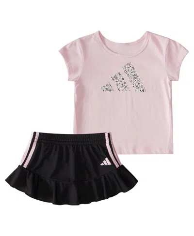Shop Adidas Originals Baby Girls Two-piece Short Sleeve Pleated Tee Ruffle Skort Set In Clear Pink