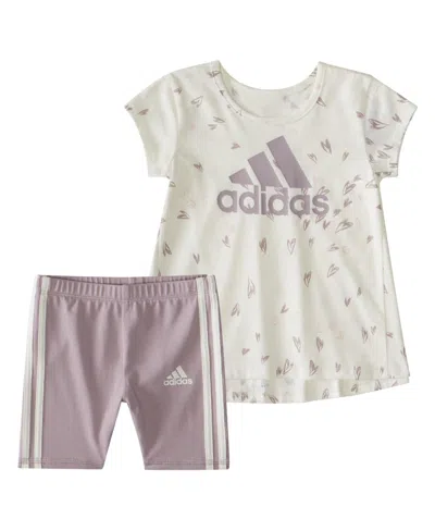 Shop Adidas Originals Baby Girls Two-piece Short Sleeve Back Pleat Top Bike Short Set In Off White