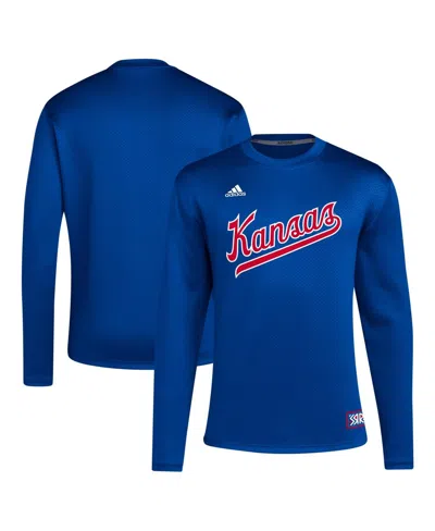 Shop Adidas Originals Men's Adidas Royal Distressed Kansas Jayhawks Reverse Retro Baseball Script Pullover Sweatshirt