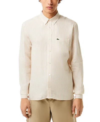 Shop Lacoste Men's Long Sleeve Striped Button-down Linen Shirt In Ir