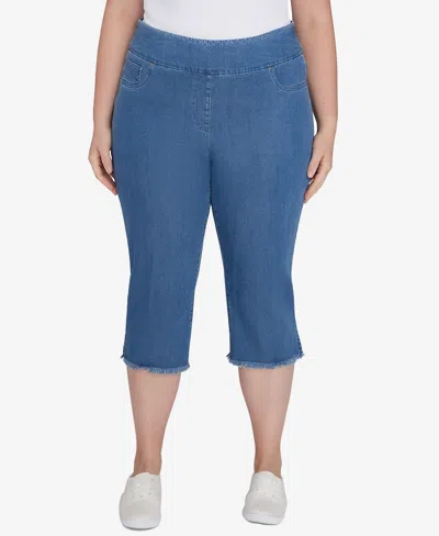 Shop Ruby Rd. Plus Size Pull-on Silky Denim-like Stretch Clamdigger Capri Pants In Medium Blue