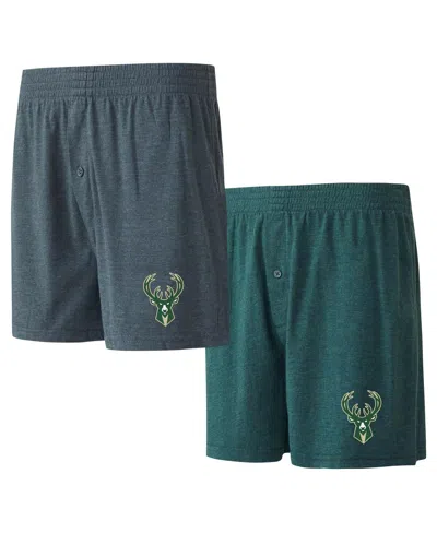 Shop Concepts Sport Men's  Hunter Green, Charcoal Milwaukee Bucks Two-pack Jersey-knit Boxer Set In Hunter Green,charcoal