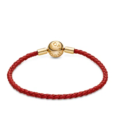 Pandora Moments 14k Gold-plated Red Woven Leather Bracelet In Leather