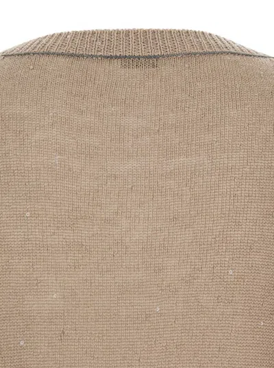 Shop Brunello Cucinelli Beige V-neck Sequin Embellished Knitted Jumper In Linen Blend Woman In Brown