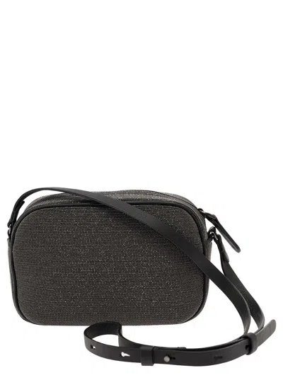 Shop Brunello Cucinelli Grey Crossbody Bag With Monile Detail In Leather Woman In Black