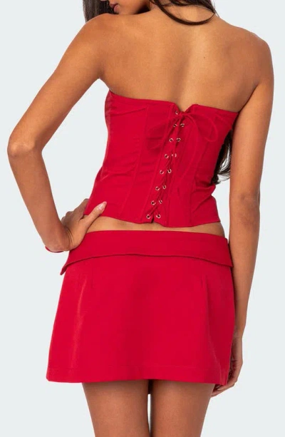 Shop Edikted Selena Lace-up Strapless Corset Top In Red