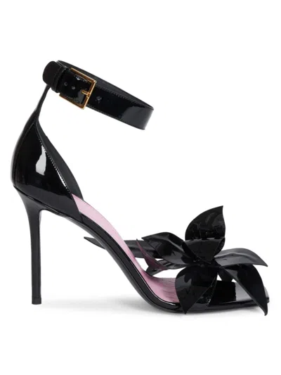Shop Balmain Women's Ruby Flower Patent Leather Sandals In Noir