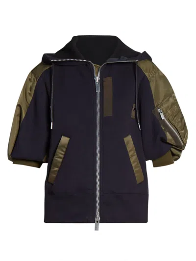 Shop Sacai Women's Mixed-media Hoodie In Navy Olive